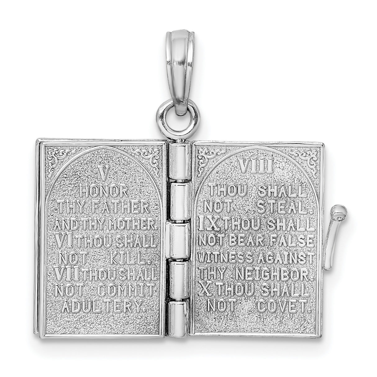 14k White Gold Ten Commandments Book Locket Pendant, Christian Religious Charm for Women