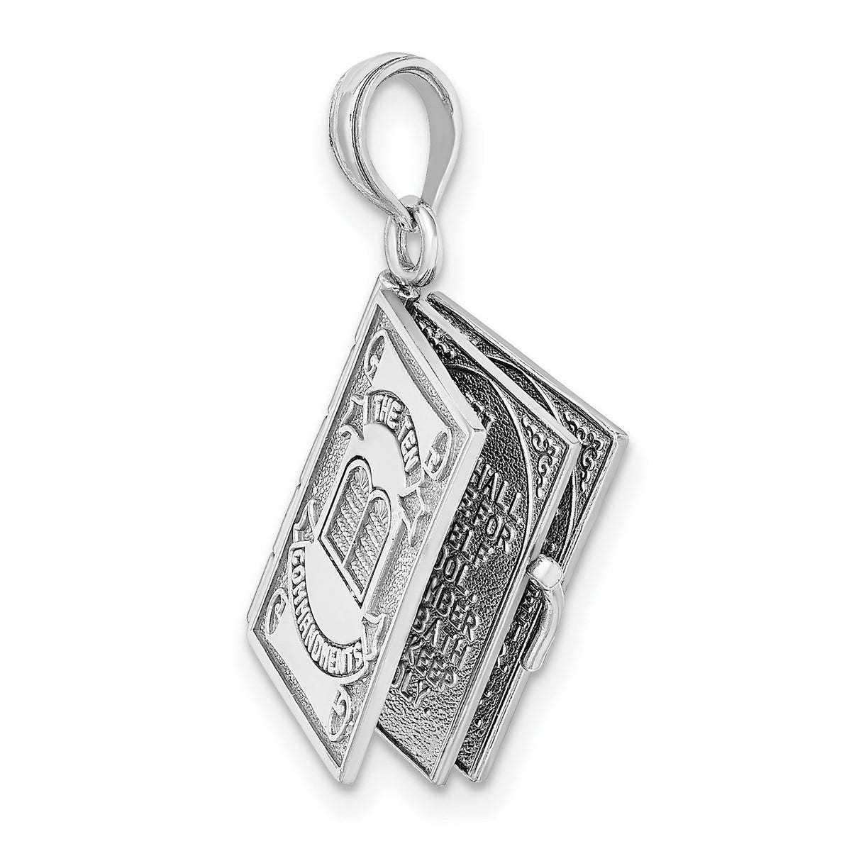 14k White Gold Ten Commandments Book Locket Pendant, Christian Religious Charm for Women