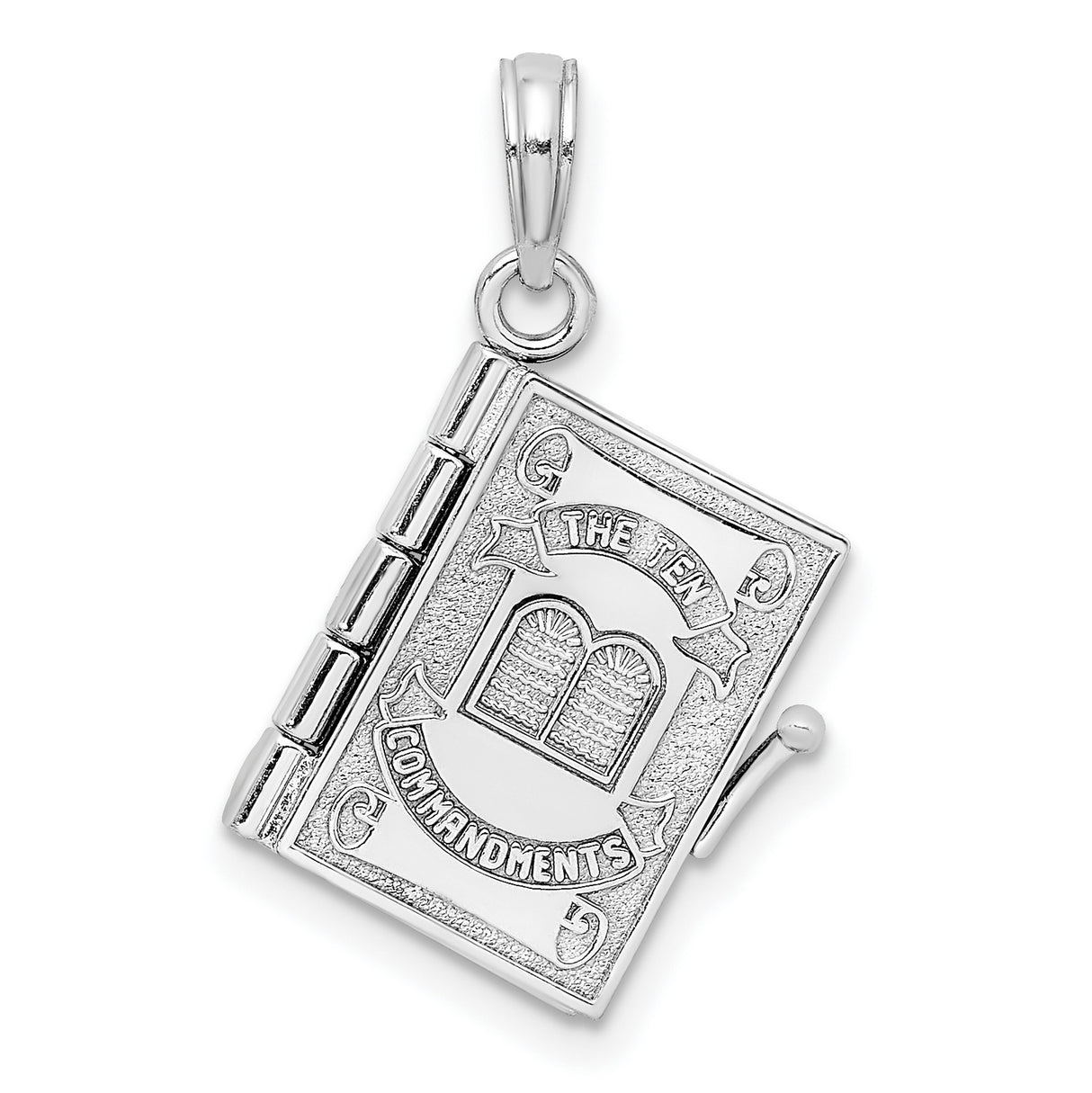 14k White Gold Ten Commandments Book Locket Pendant, Christian Religious Charm for Women