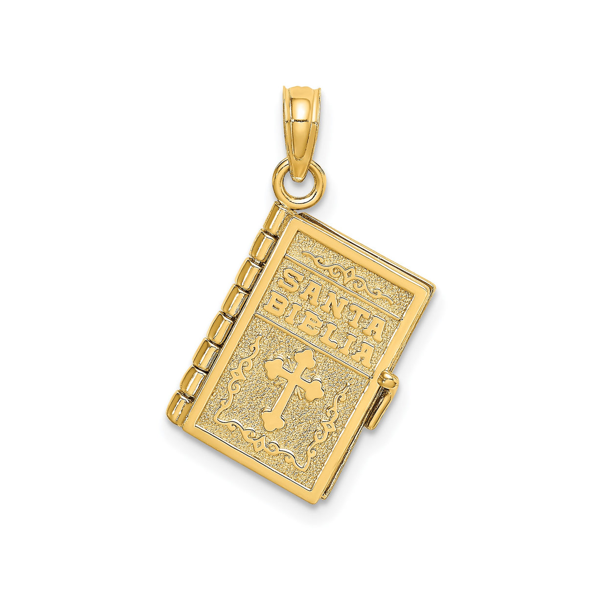 14k Yellow Gold Bible Pendant with Cross and Ornate Border, Movable Book Design