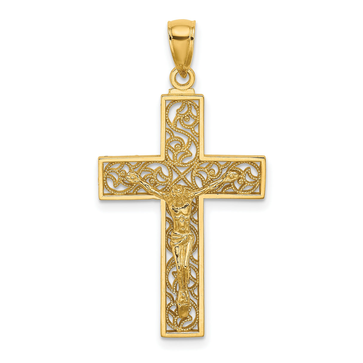 14k Yellow Gold Crucifix Pendant with Jesus on Textured Openwork Cross Filigree Design