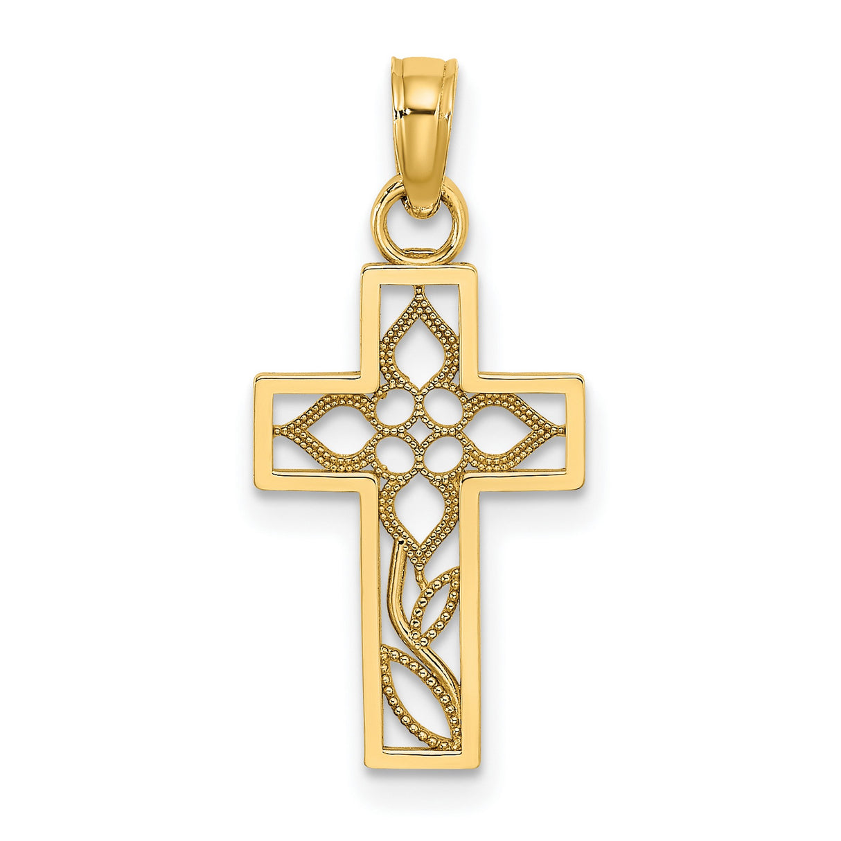 14k Yellow Gold Cross Pendant with Floral Filigree Vine Design Vintage Style Religious Jewelry
