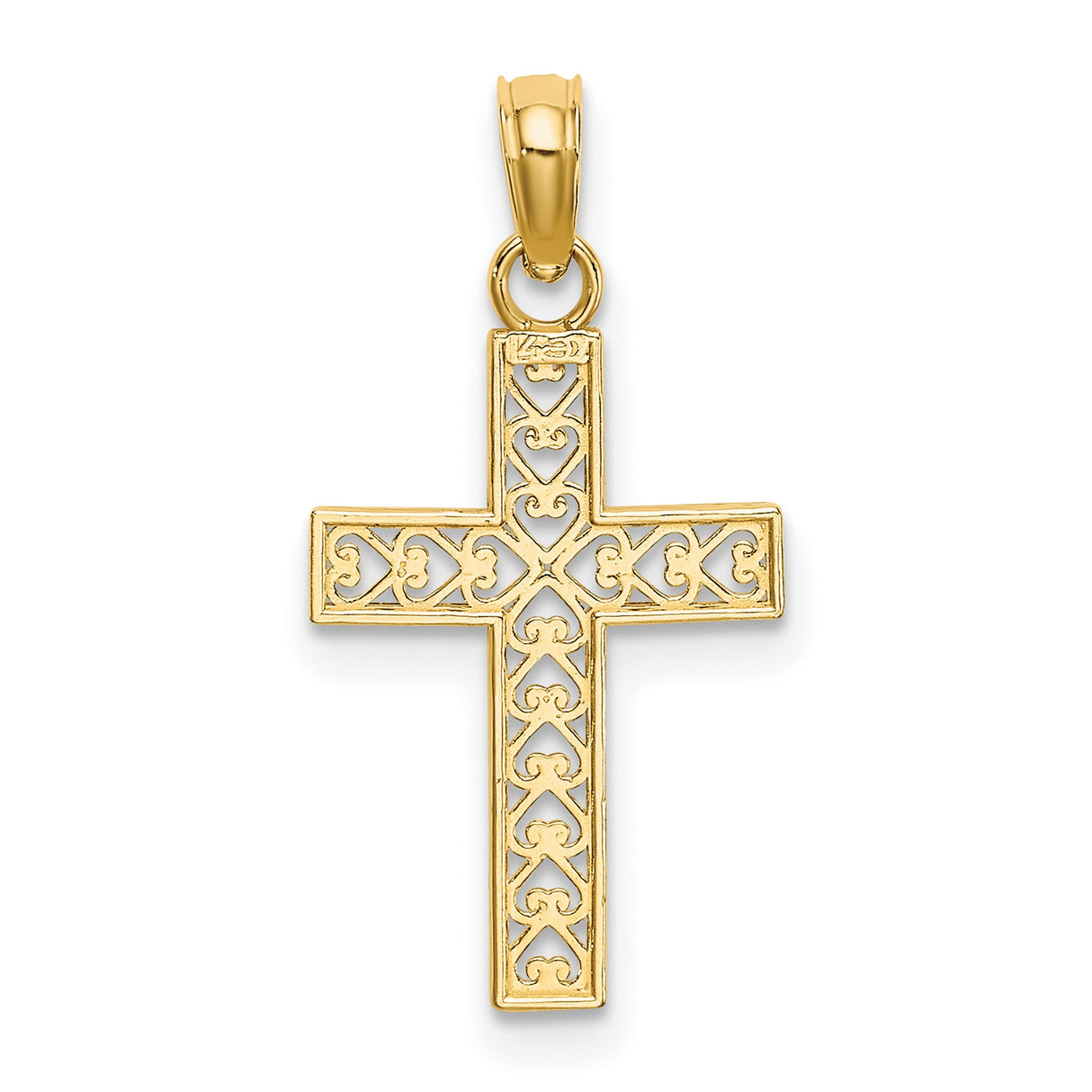 14k Yellow Gold Cross Pendant with Ornate Filigree Design, Symbol of Faith and Heart