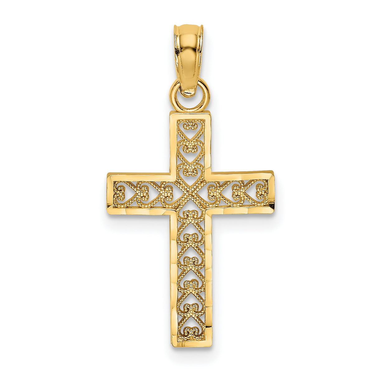 14k Yellow Gold Cross Pendant with Ornate Filigree Design, Symbol of Faith and Heart