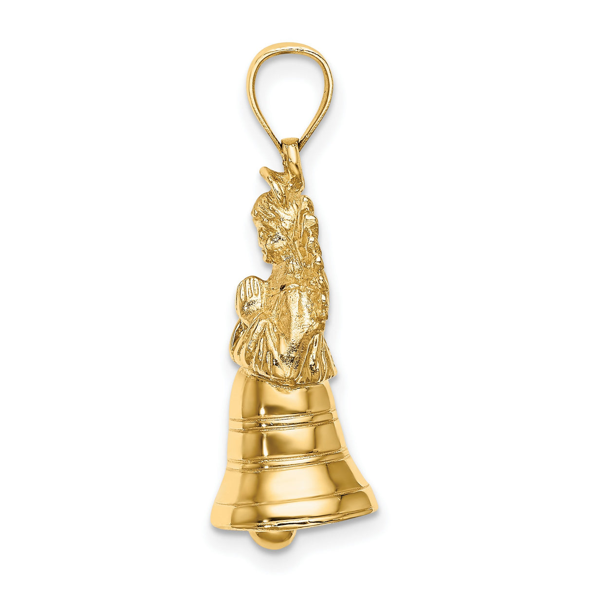 14k Yellow Gold Angel Bell Pendant with Praying Angel and Detailed Wings, Religious Charm