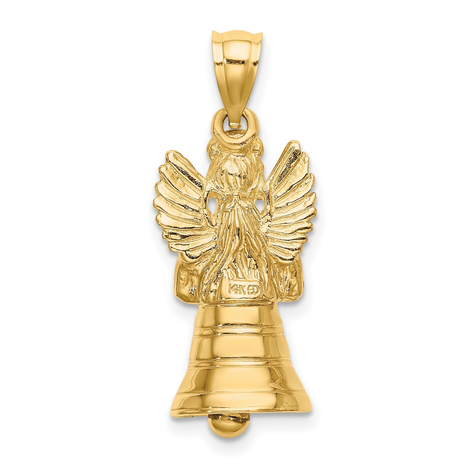 14k Yellow Gold Angel Bell Pendant with Praying Angel and Detailed Wings, Religious Charm