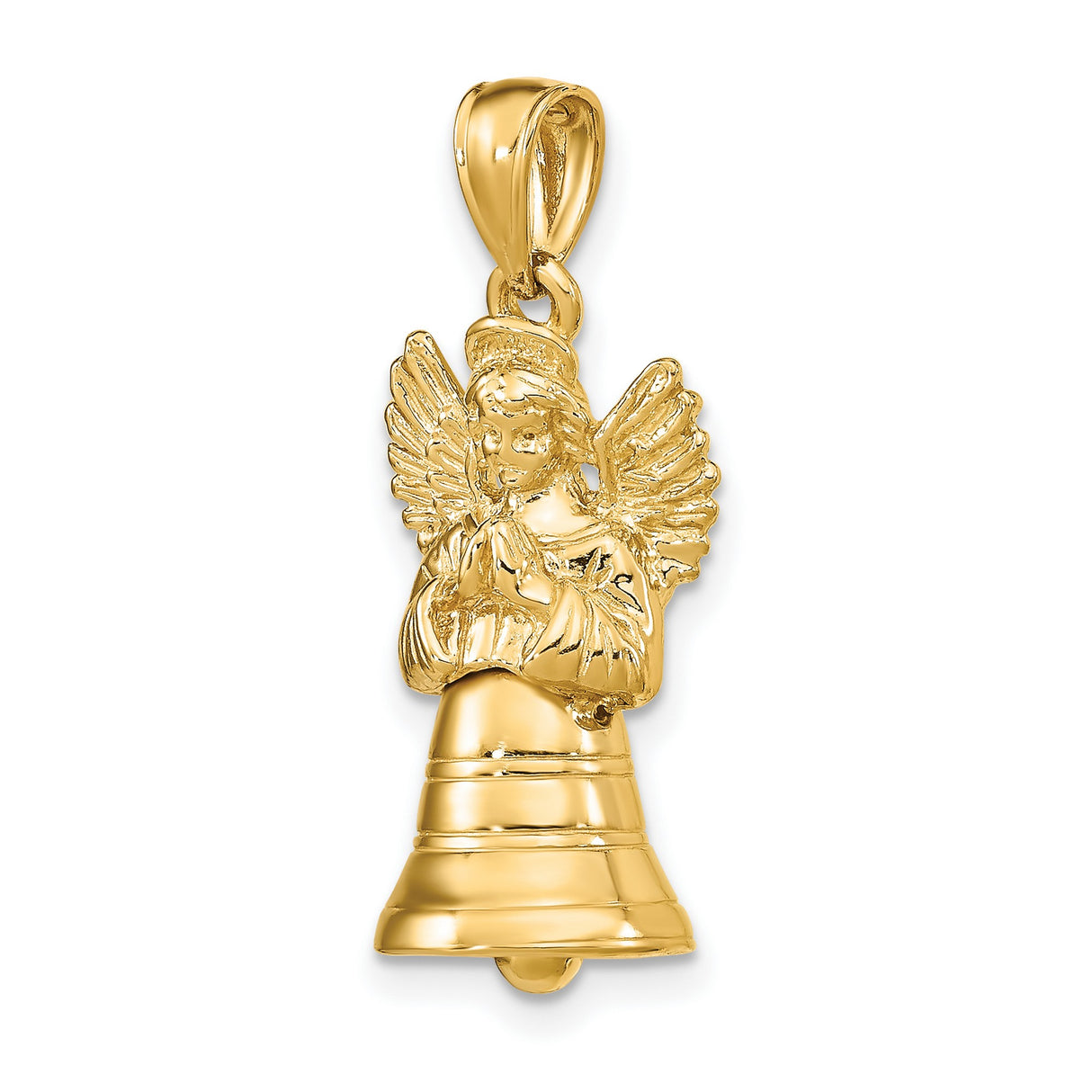14k Yellow Gold Angel Bell Pendant with Praying Angel and Detailed Wings, Religious Charm