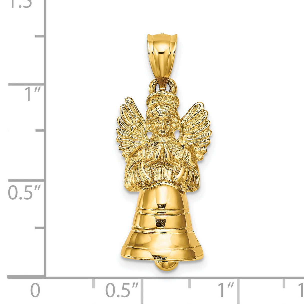 14k Yellow Gold Angel Bell Pendant with Praying Angel and Detailed Wings, Religious Charm