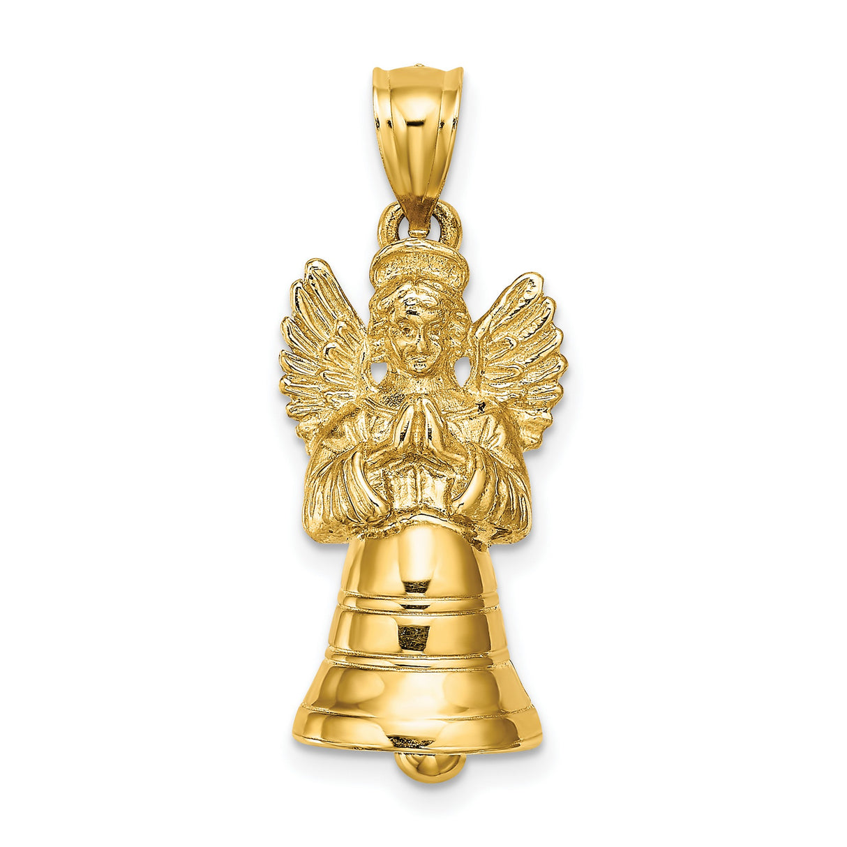 14k Yellow Gold Angel Bell Pendant with Praying Angel and Detailed Wings, Religious Charm