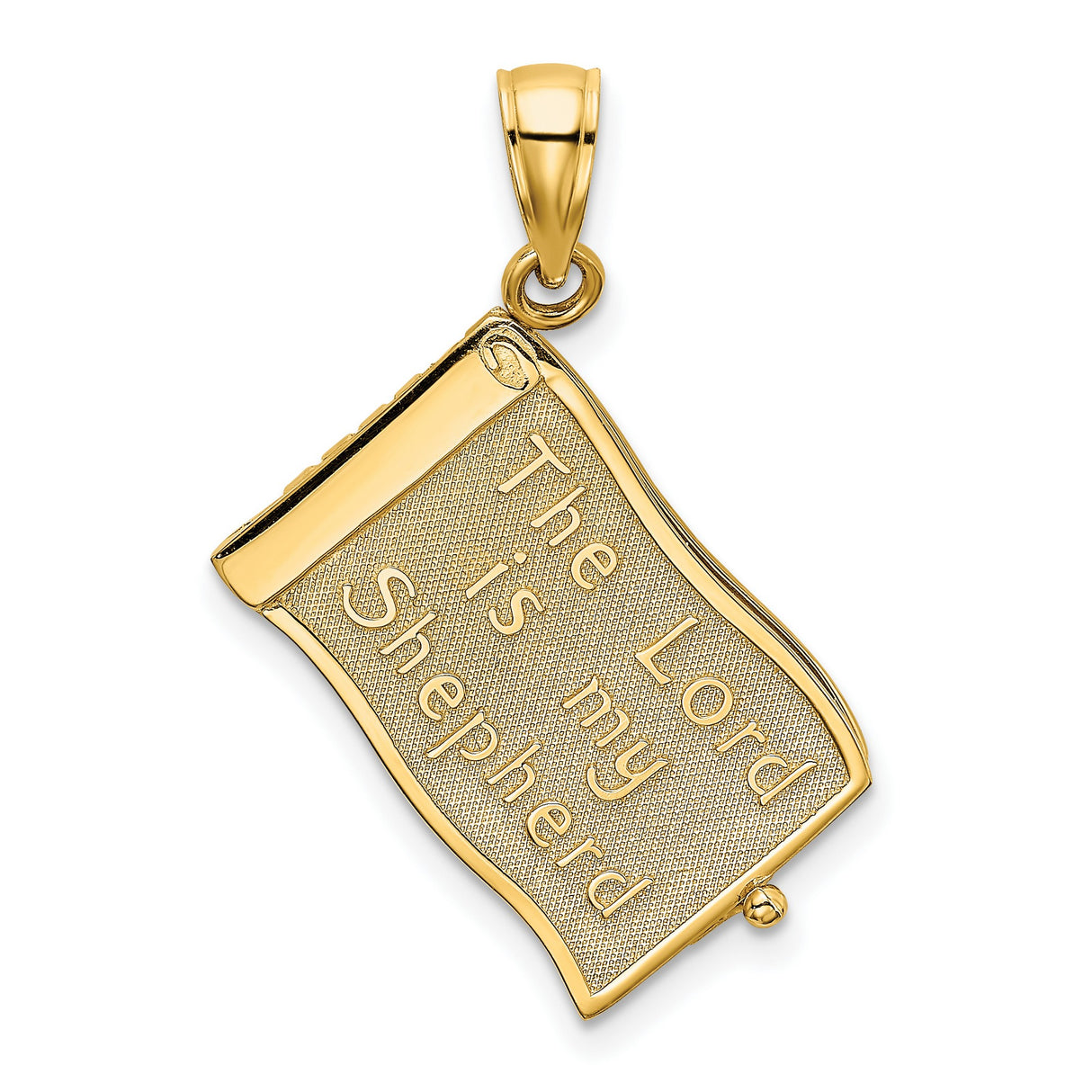 14k Yellow Gold Pendant, Scroll Design with The Lord Is My Shepherd, Christian Scripture Charm
