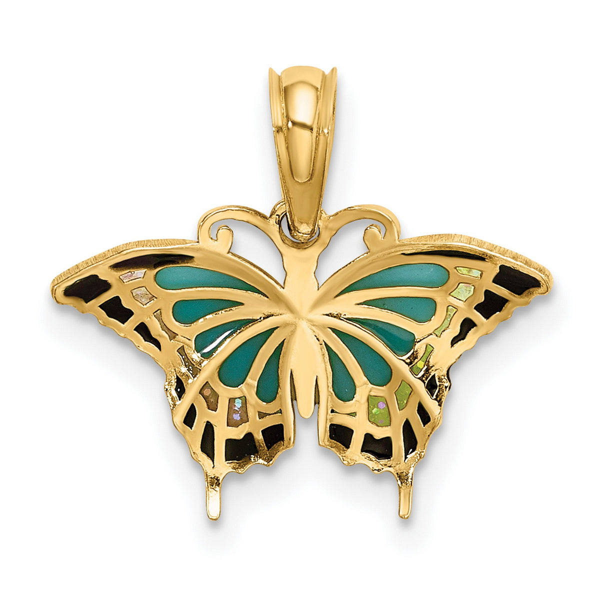 14k Yellow Gold Butterfly Pendant with Turquoise and Black Enamel, Nature Inspired Charm