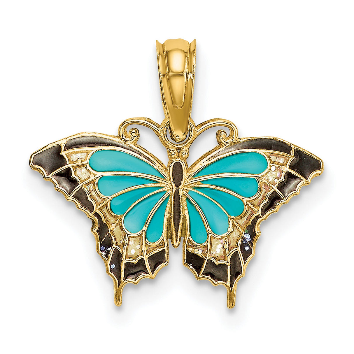 14k Yellow Gold Butterfly Pendant with Turquoise and Black Enamel, Nature Inspired Charm