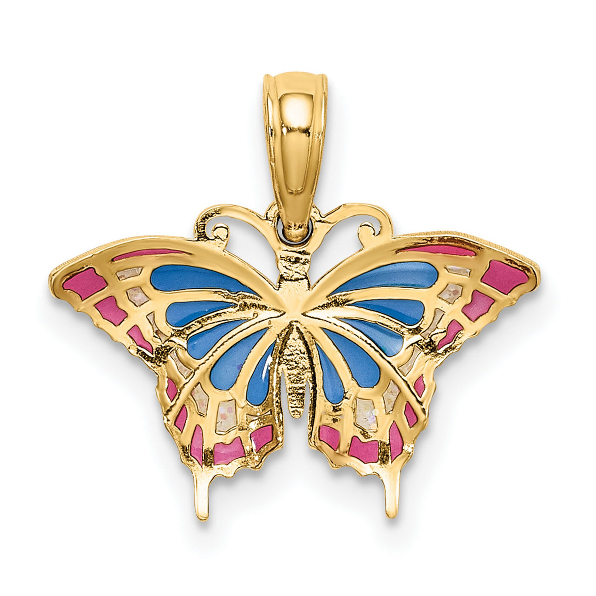 Small Enameled Blue and Red Butterfly Charm Pendant in Real 14k Yellow Gold
