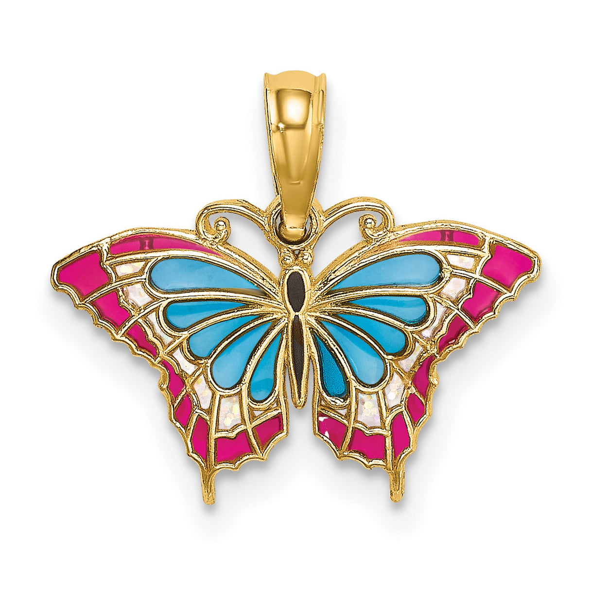 Small Enameled Blue and Red Butterfly Charm Pendant in Real 14k Yellow Gold