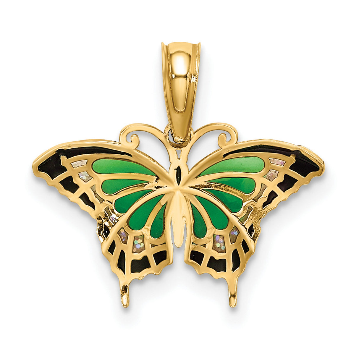 14k Yellow Gold Butterfly Pendant with Green and Black Enamel Wings, Nature-Inspired Design