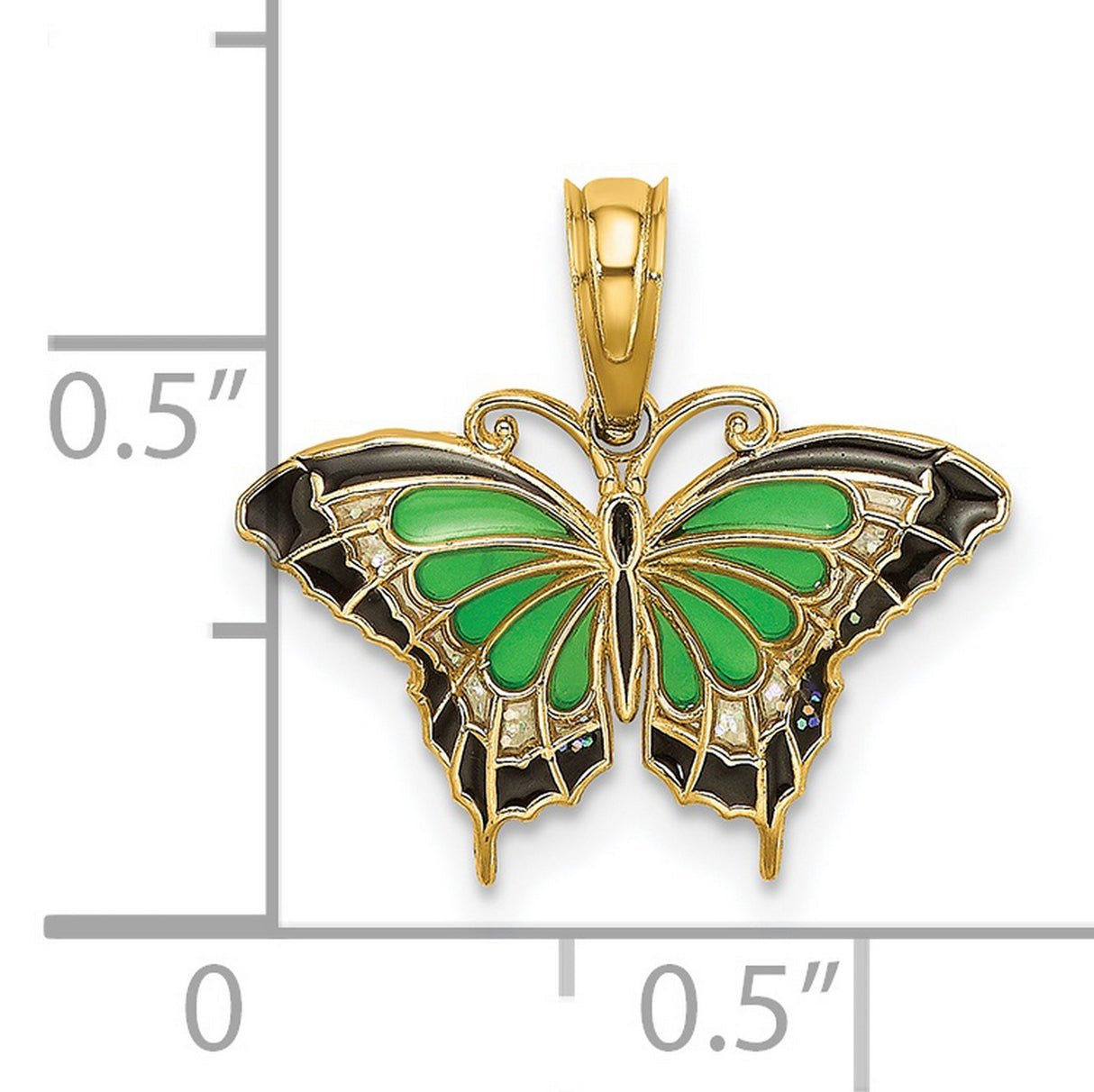 14k Yellow Gold Butterfly Pendant with Green and Black Enamel Wings, Nature-Inspired Design