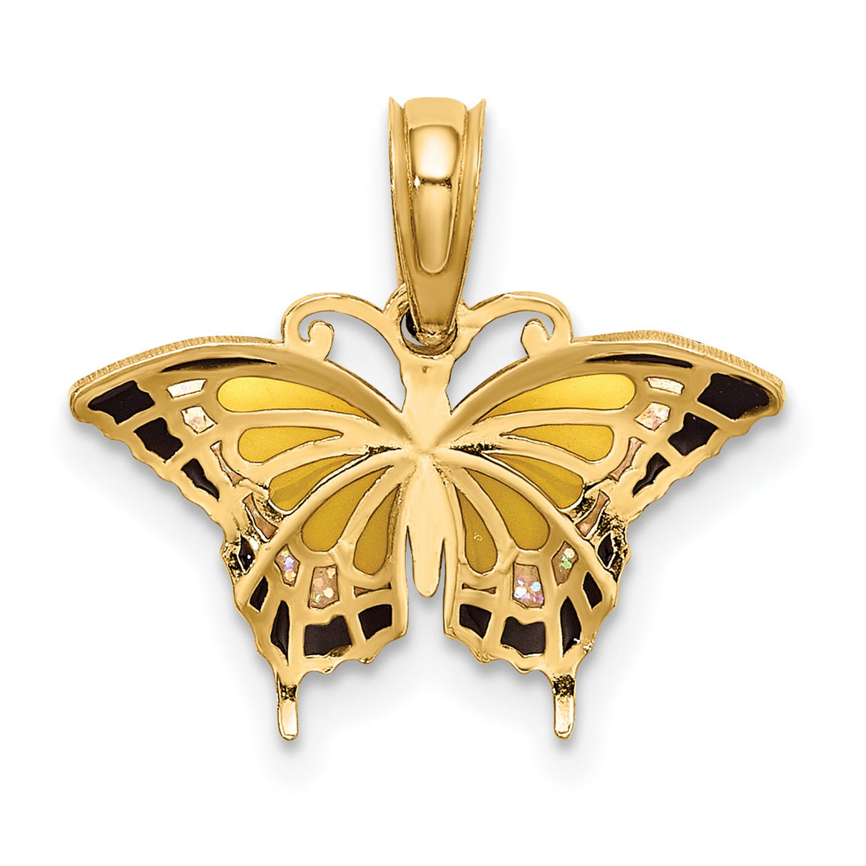 14k Yellow Gold Butterfly Pendant with Black and Yellow Enamel Accents, Nature-Inspired Charm