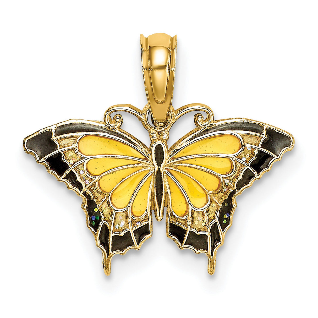 14k Yellow Gold Butterfly Pendant with Black and Yellow Enamel Accents, Nature-Inspired Charm