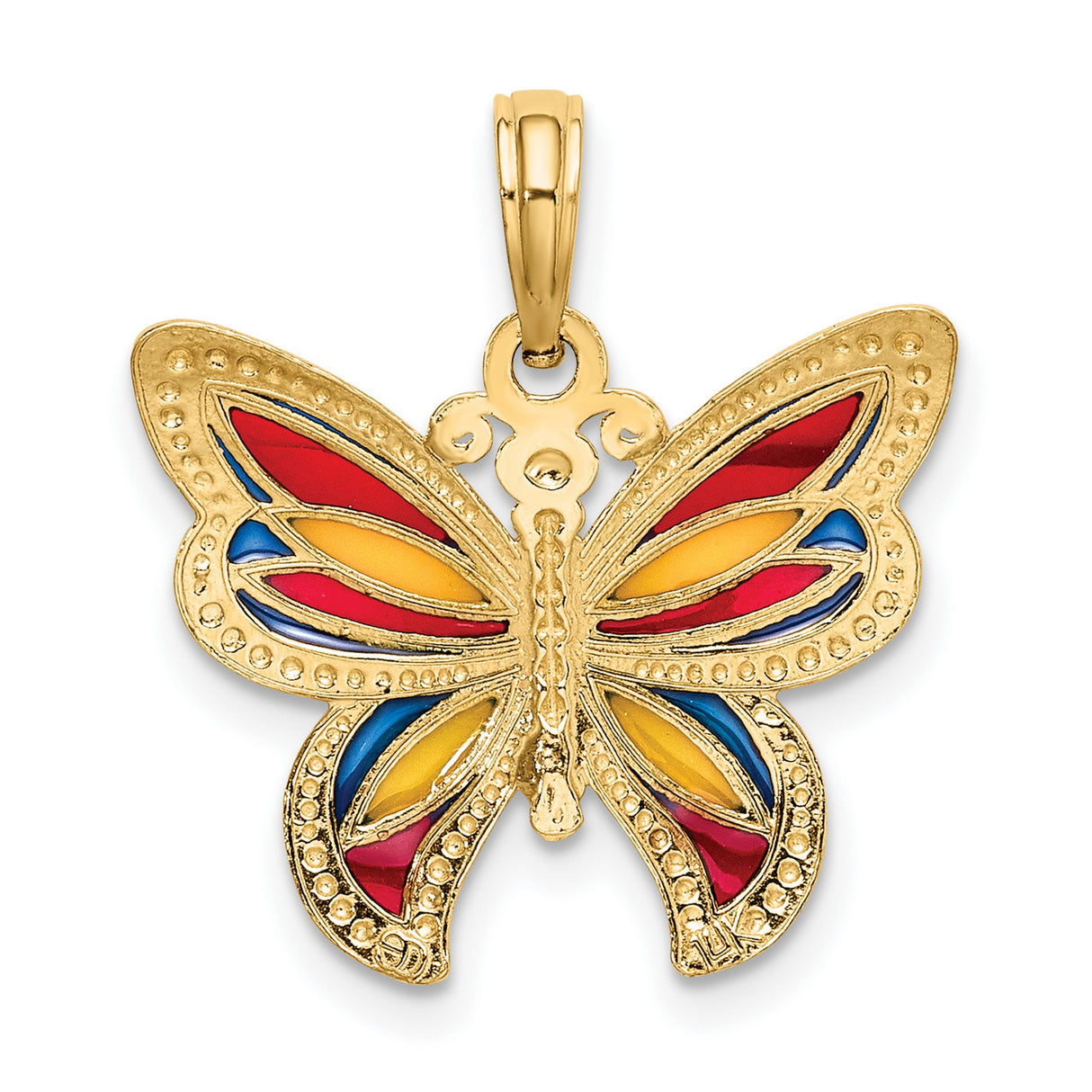 14k Yellow Gold Butterfly Pendant with Red, Blue, and Yellow Enamel Accents for Women