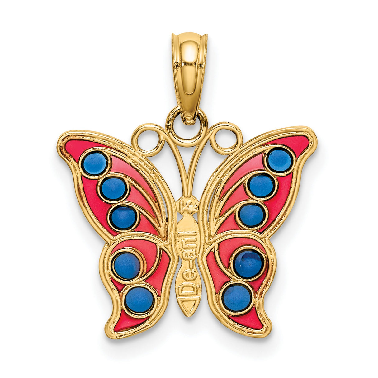 14k Yellow Gold Butterfly Pendant with Red and Blue Enamel Accents, Nature-Inspired Design for Women