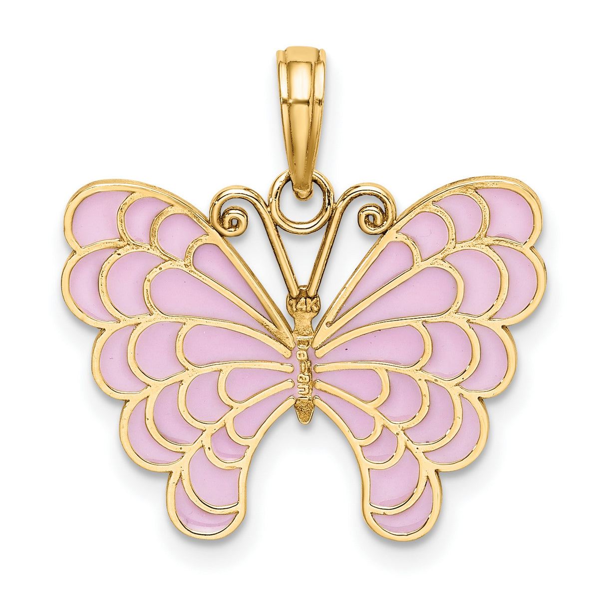 14k Yellow Gold Butterfly Pendant with Pink Enamel Wings, Whimsical Nature Jewelry