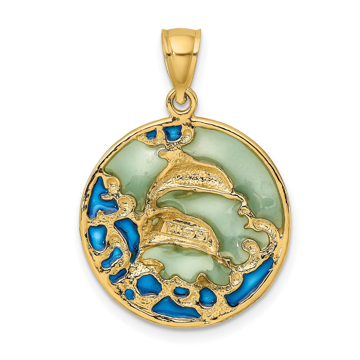14k Yellow Gold Dolphin Pendant with Acrylic, Two Dolphins and Ocean Waves Theme