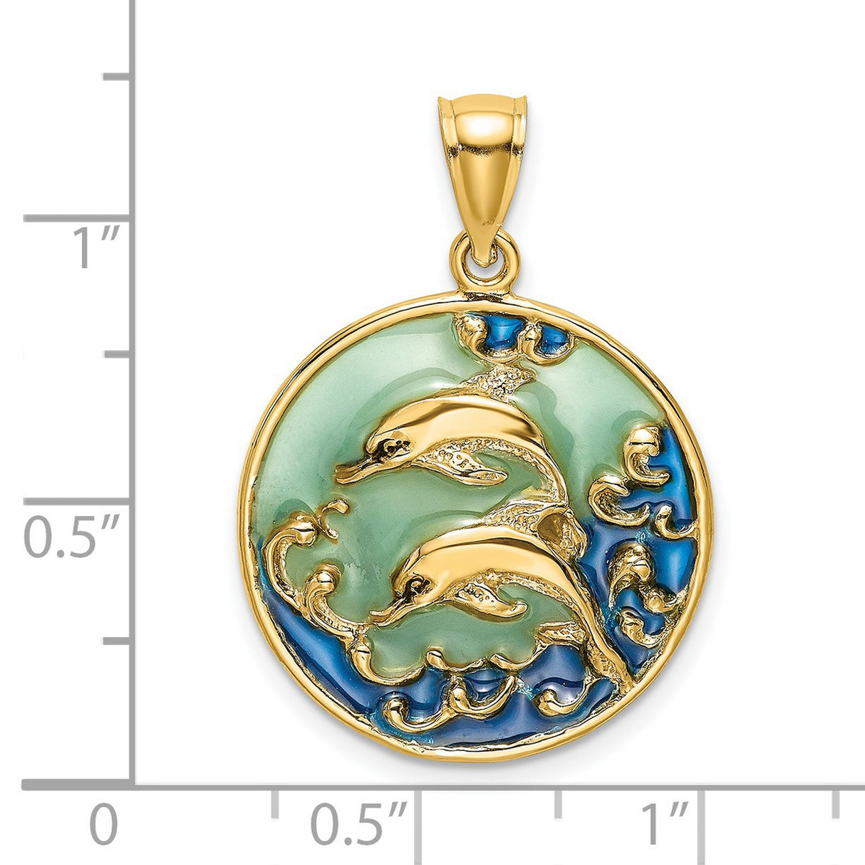 14k Yellow Gold Dolphin Pendant with Acrylic, Two Dolphins and Ocean Waves Theme