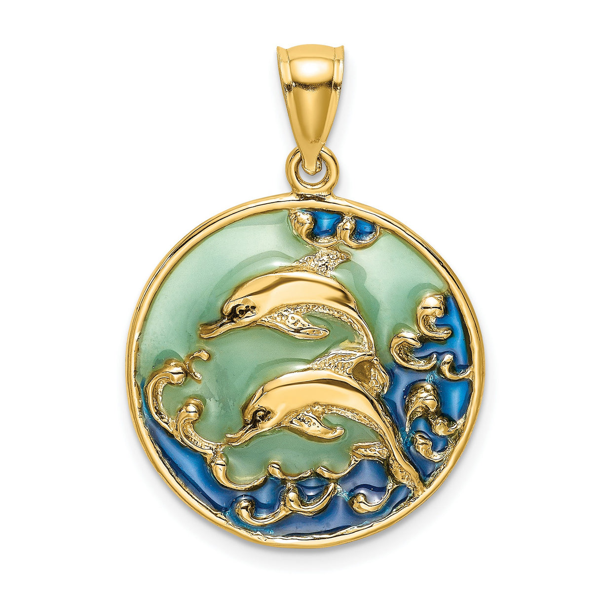 14k Yellow Gold Dolphin Pendant with Acrylic, Two Dolphins and Ocean Waves Theme