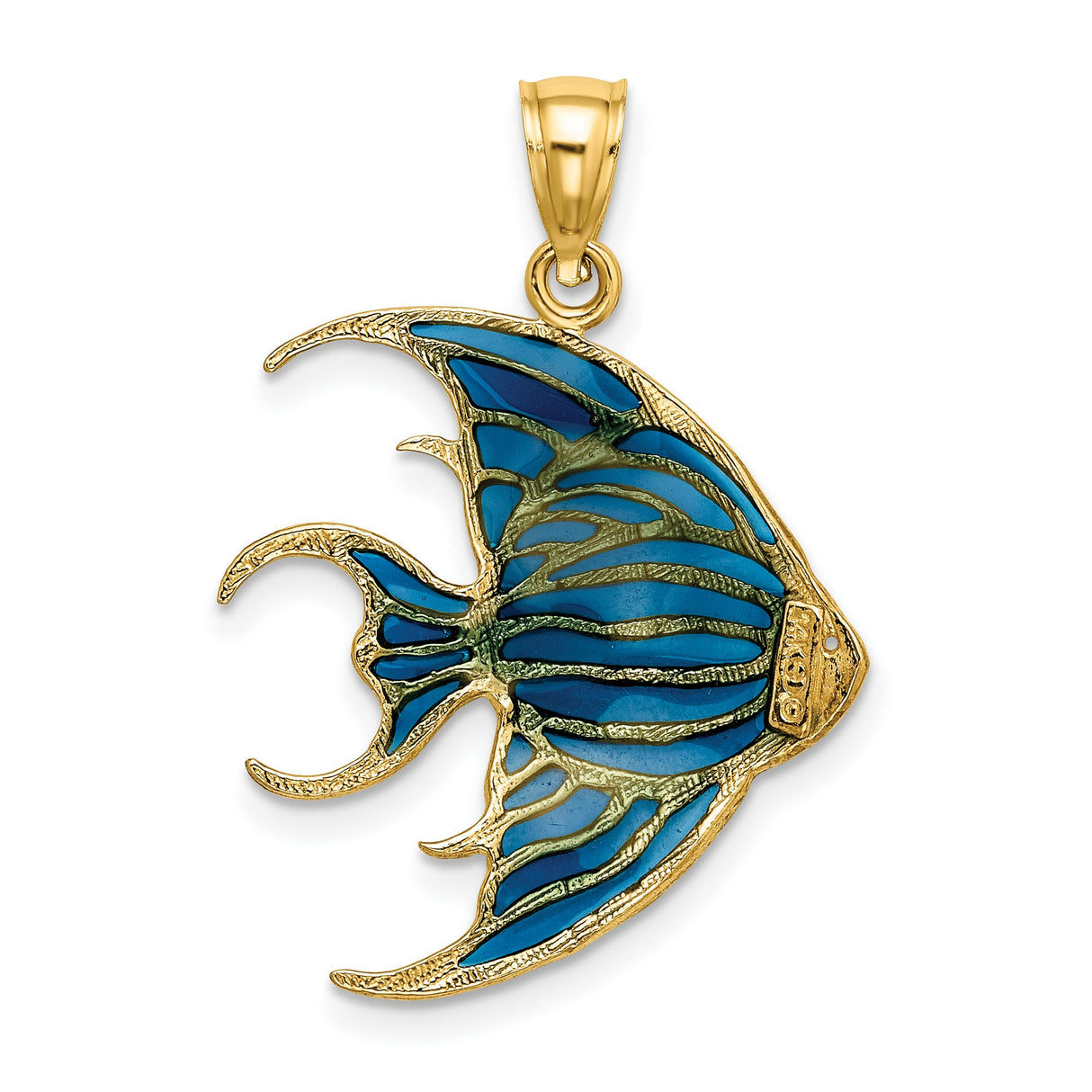 14k Yellow Gold Angelfish Pendant with Blue Enamel, Ocean Theme Marine Life Jewelry