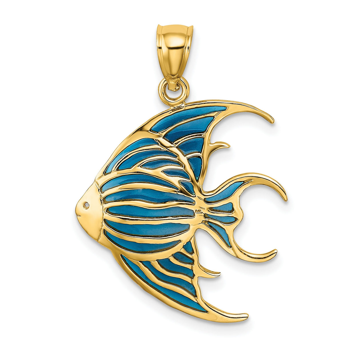 14k Yellow Gold Angelfish Pendant with Blue Enamel, Ocean Theme Marine Life Jewelry