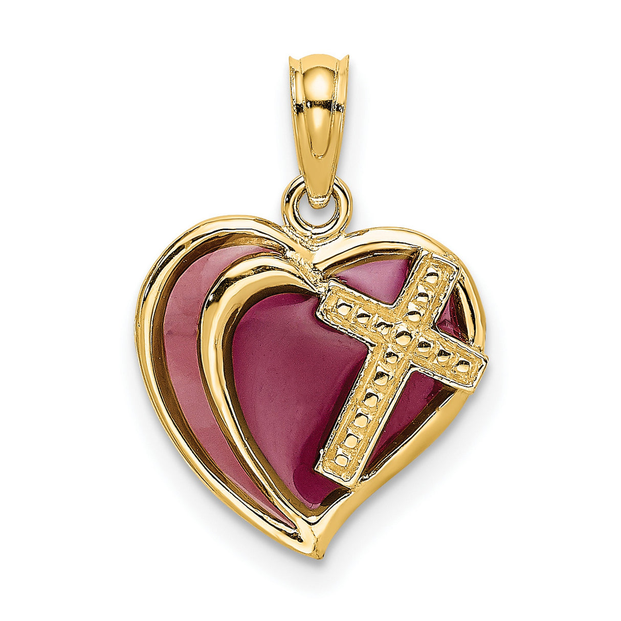 14k Yellow Gold Cross Pendant with Enamel Heart Charm, Spiritual Faith Jewelry for Men and Women