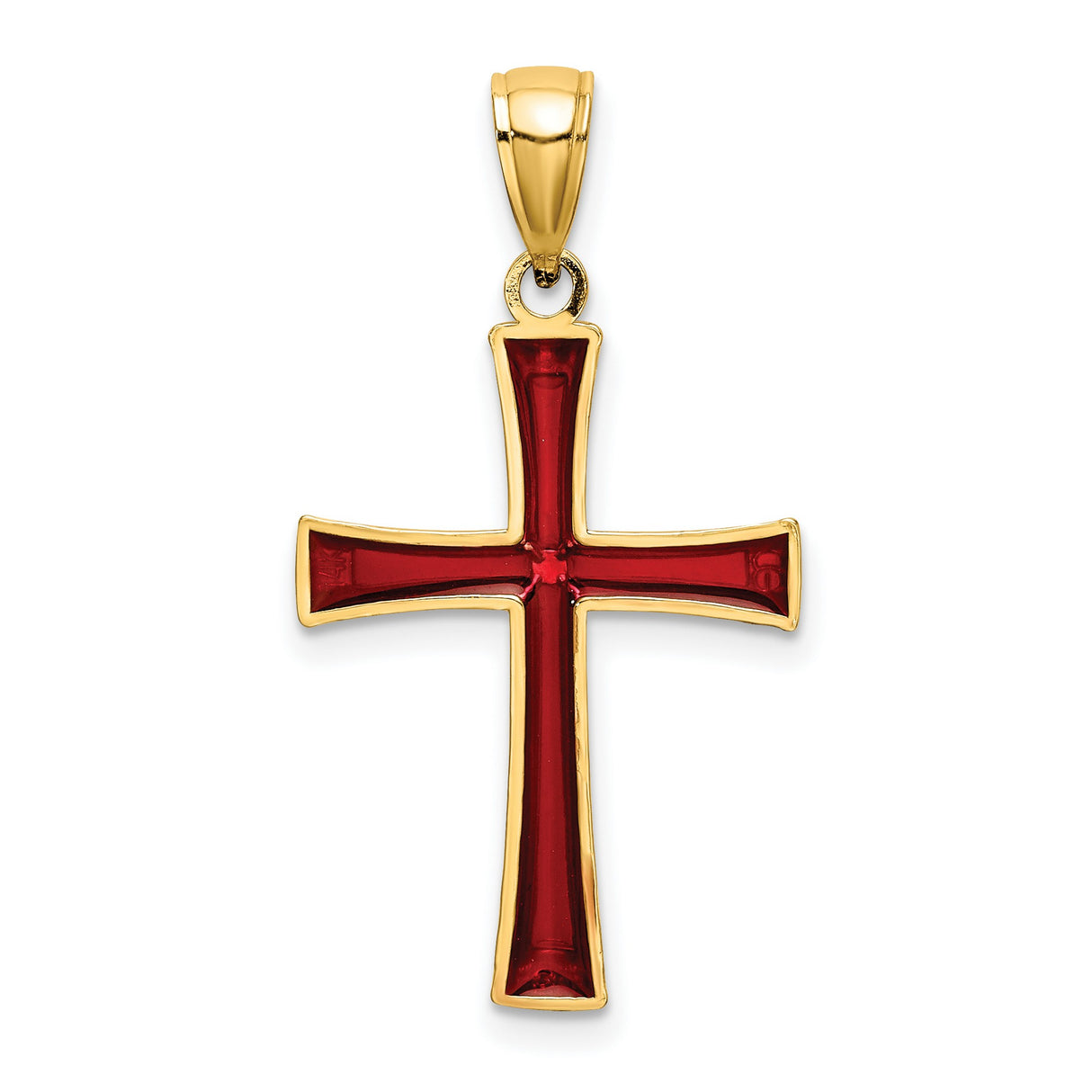 14k Yellow Gold Cross Pendant with Red Enamel, Polished Finish, Religious Charm for Men and Women
