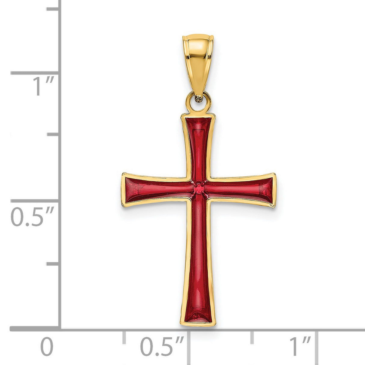 14k Yellow Gold Cross Pendant with Red Enamel, Polished Finish, Religious Charm for Men and Women
