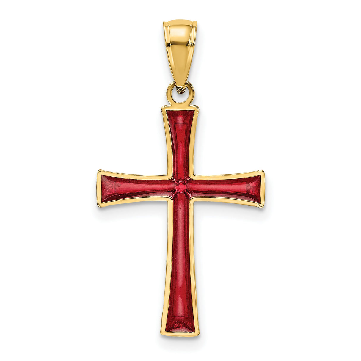 14k Yellow Gold Cross Pendant with Red Enamel, Polished Finish, Religious Charm for Men and Women