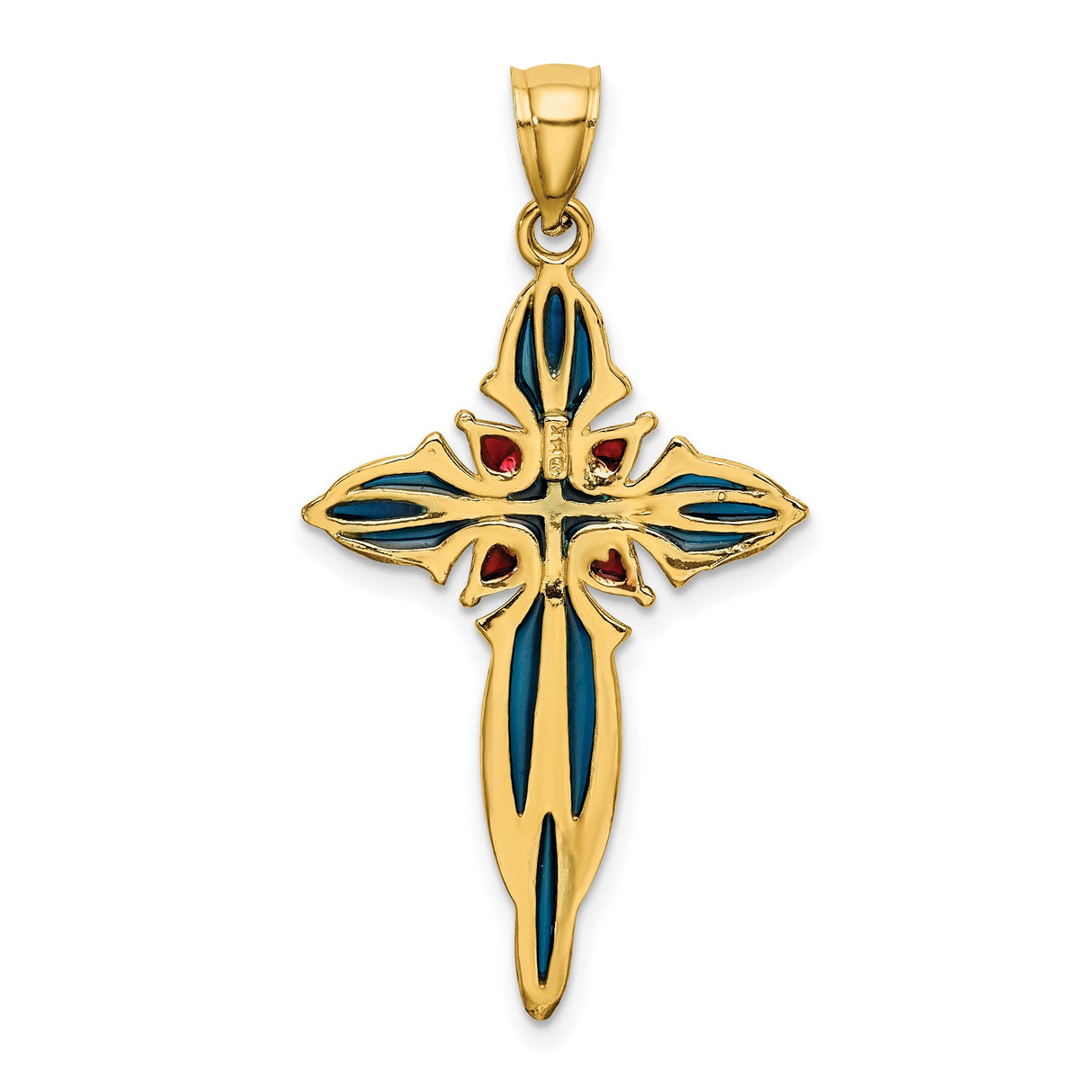 14k Yellow Gold Cross Pendant with Blue and Red Enamel Detailing, Religious Duo-Tone Design