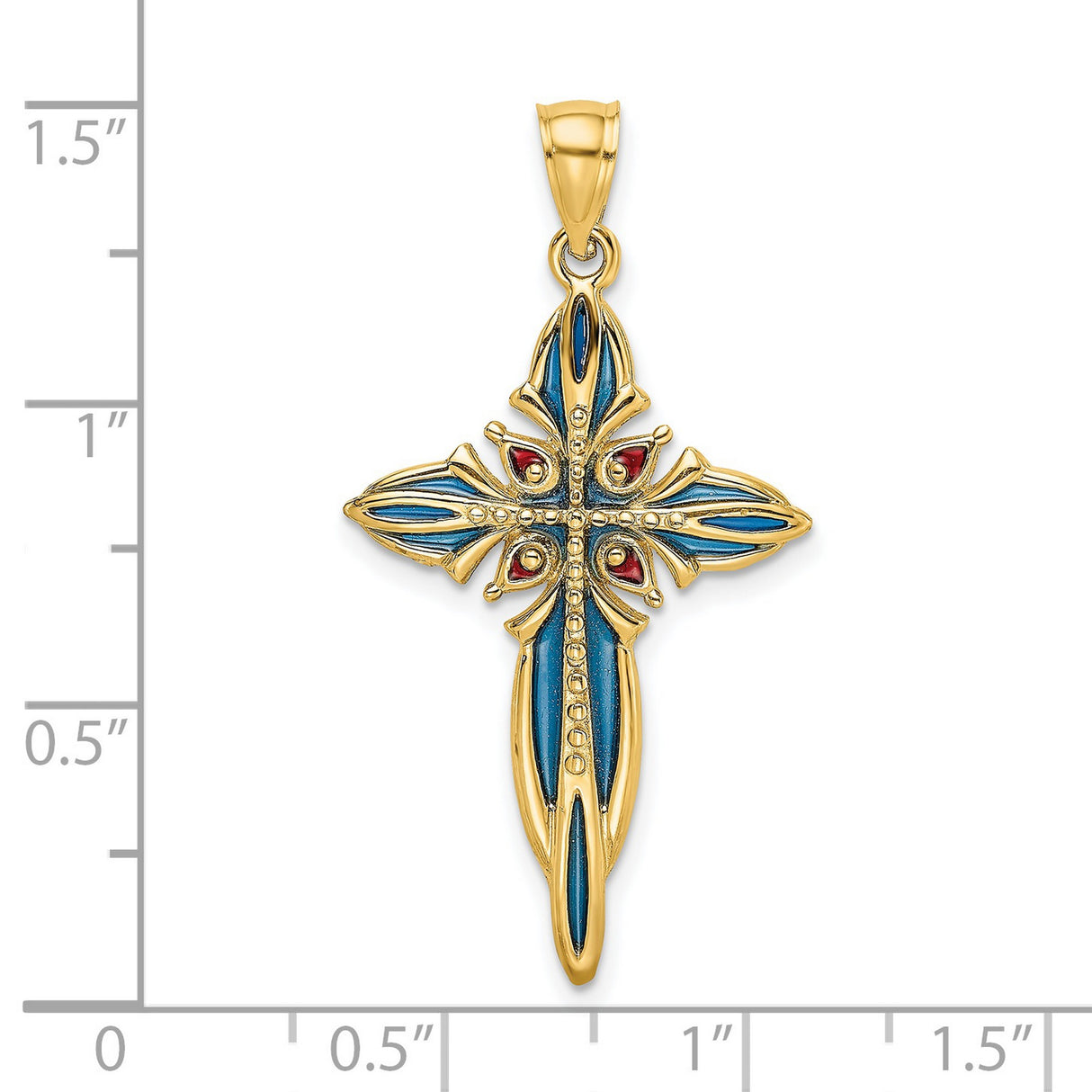 14k Yellow Gold Cross Pendant with Blue and Red Enamel Detailing, Religious Duo-Tone Design