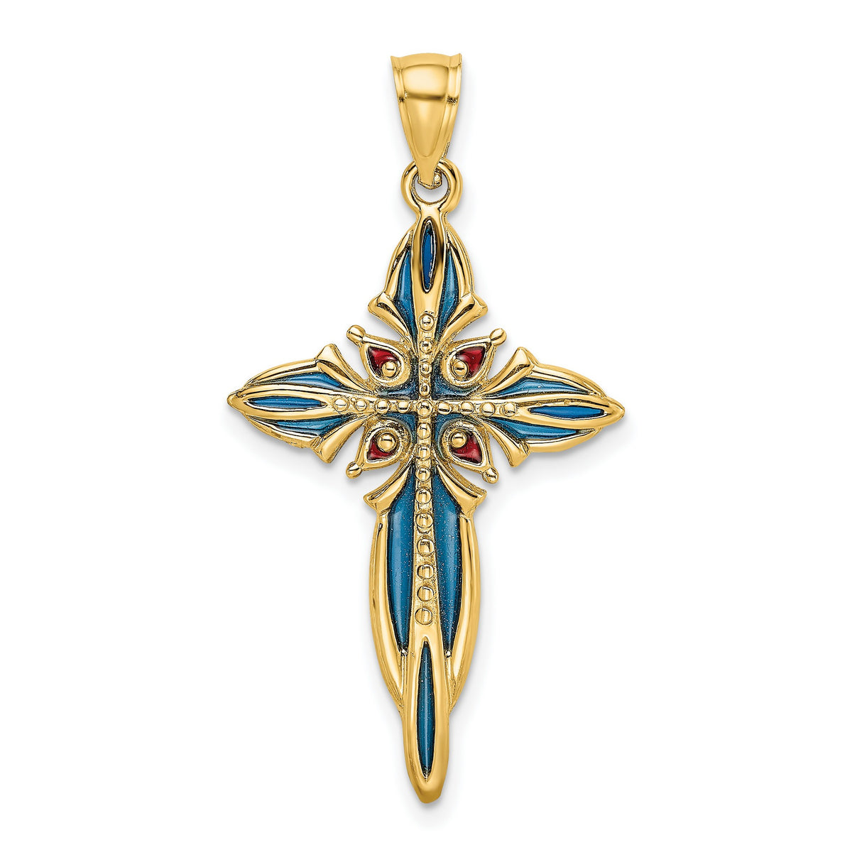 14k Yellow Gold Cross Pendant with Blue and Red Enamel Detailing, Religious Duo-Tone Design