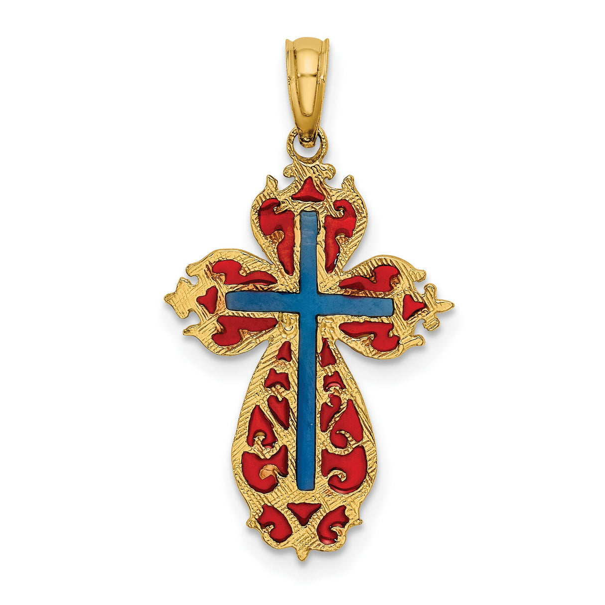 14k Yellow Gold Cross Pendant with Red and Blue Enamel, Vintage Spiritual Style for Men and Women