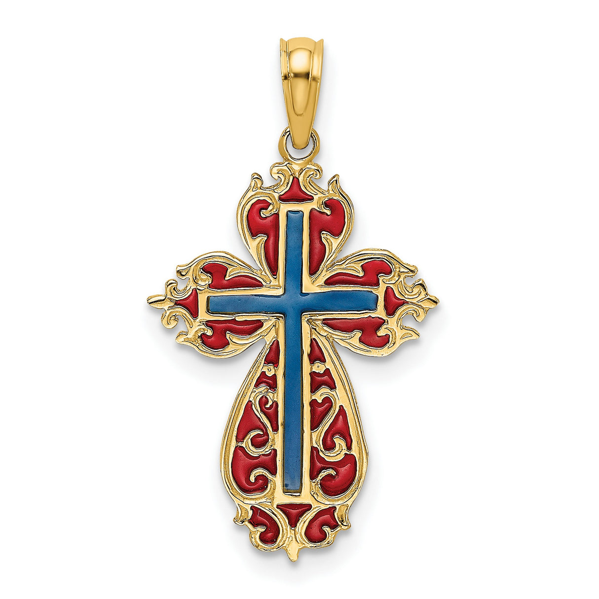 14k Yellow Gold Cross Pendant with Red and Blue Enamel, Vintage Spiritual Style for Men and Women