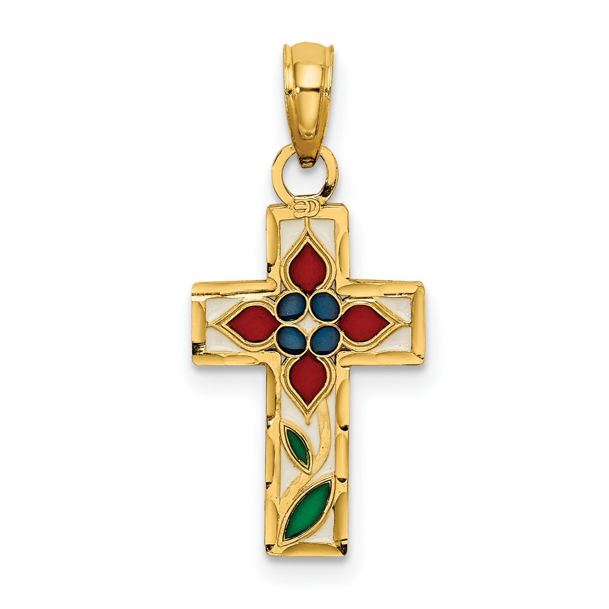14k Yellow Gold Floral Cross Pendant with Blue Acrylic, Enamel Detail, Vintage Religious Style