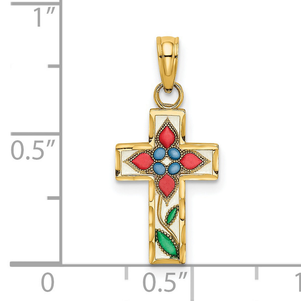 14k Yellow Gold Floral Cross Pendant with Blue Acrylic, Enamel Detail, Vintage Religious Style