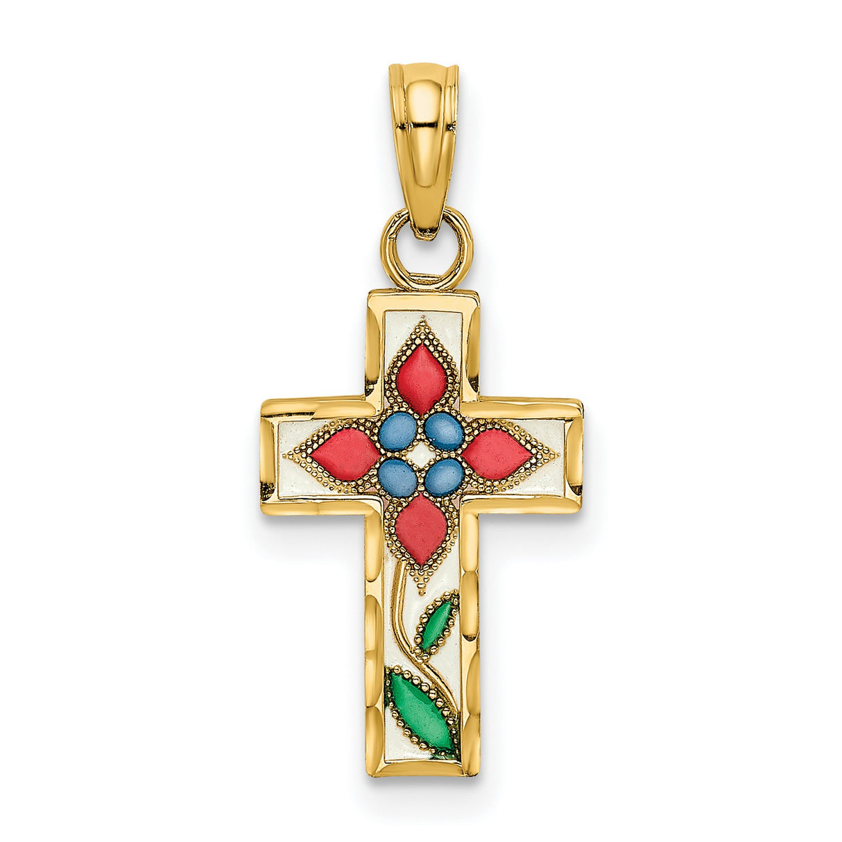 14k Yellow Gold Floral Cross Pendant with Blue Acrylic, Enamel Detail, Vintage Religious Style