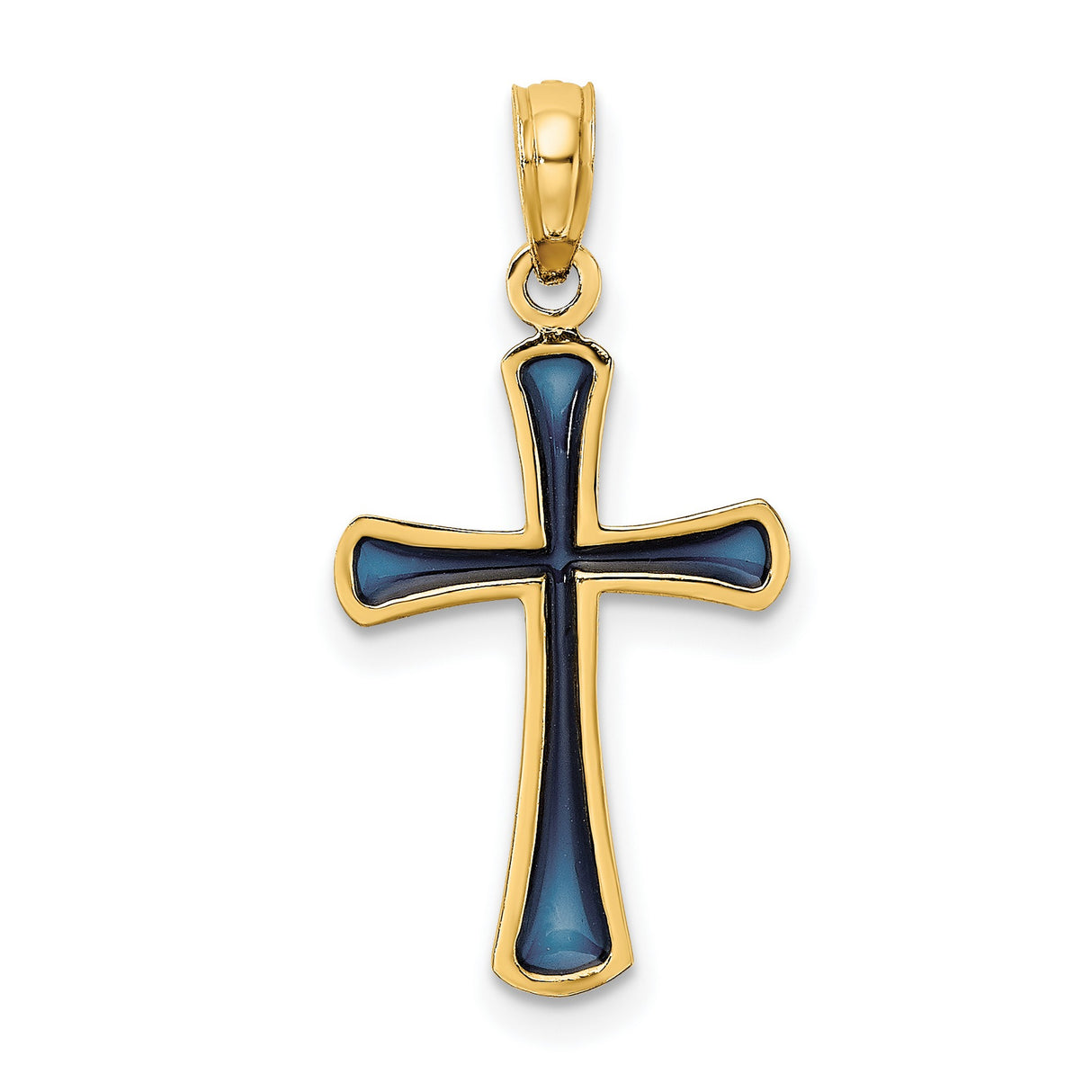 14k Yellow Gold Tapered Cross Pendant with Deep Blue Enamel Detailing, Religious Charm