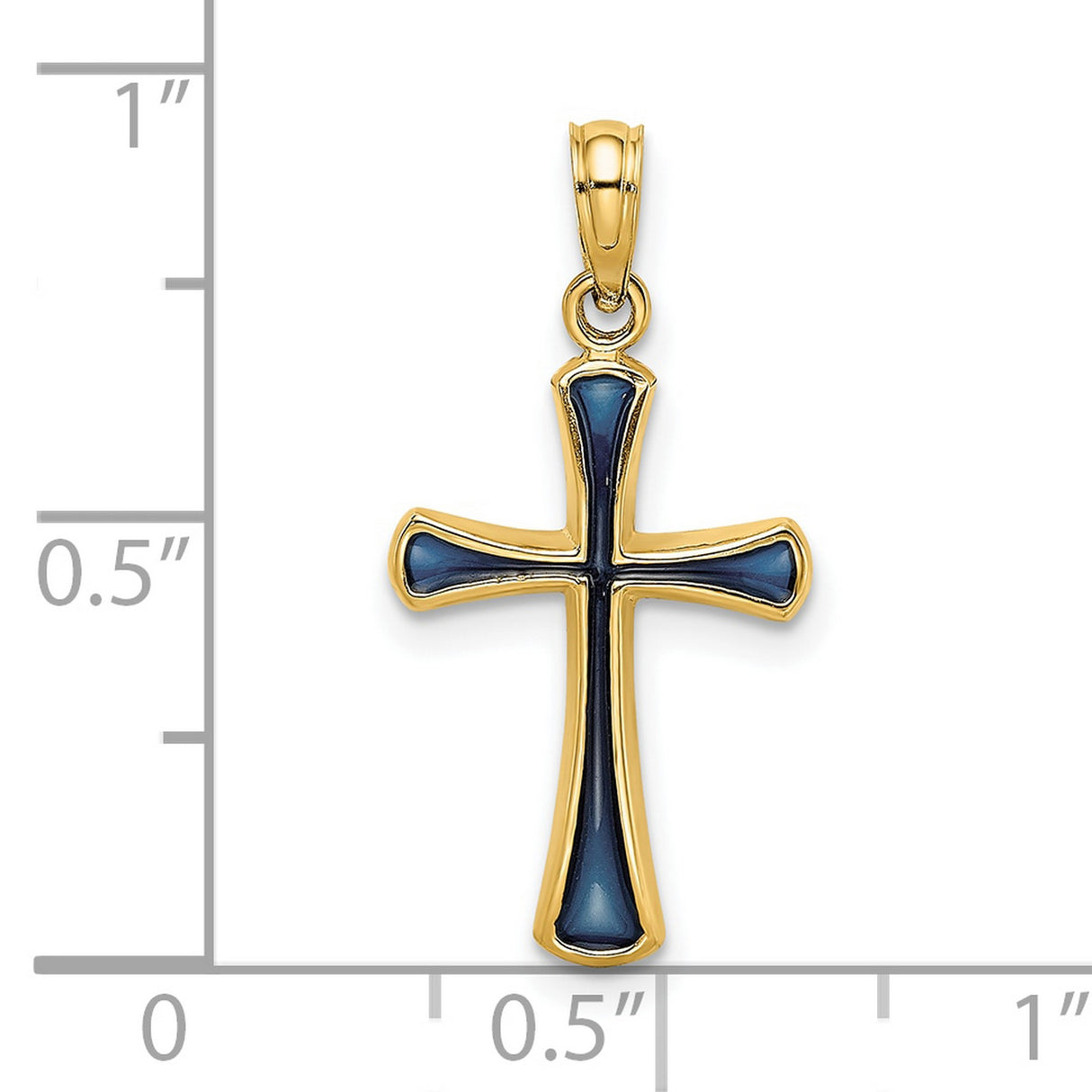 14k Yellow Gold Tapered Cross Pendant with Deep Blue Enamel Detailing, Religious Charm