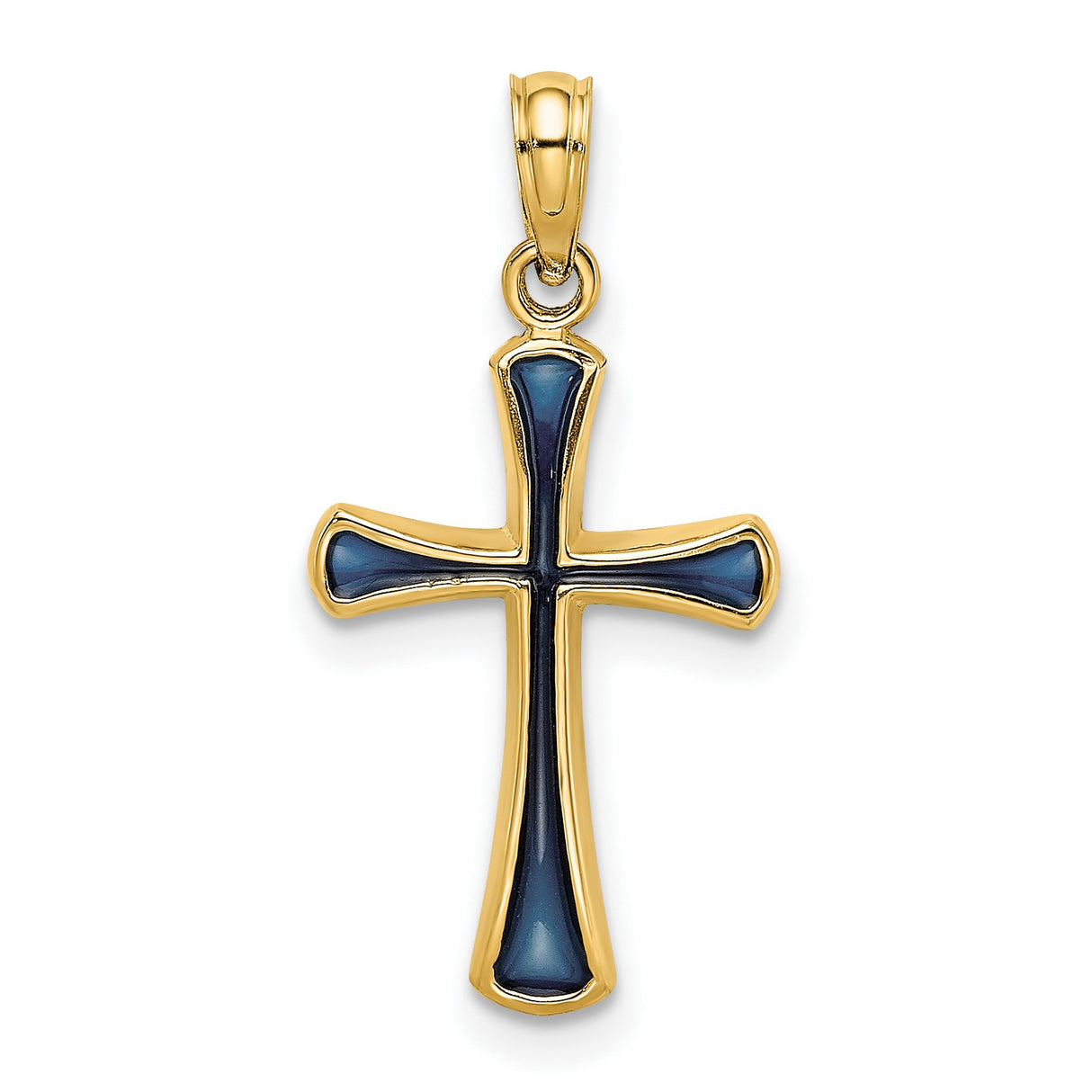 14k Yellow Gold Tapered Cross Pendant with Deep Blue Enamel Detailing, Religious Charm