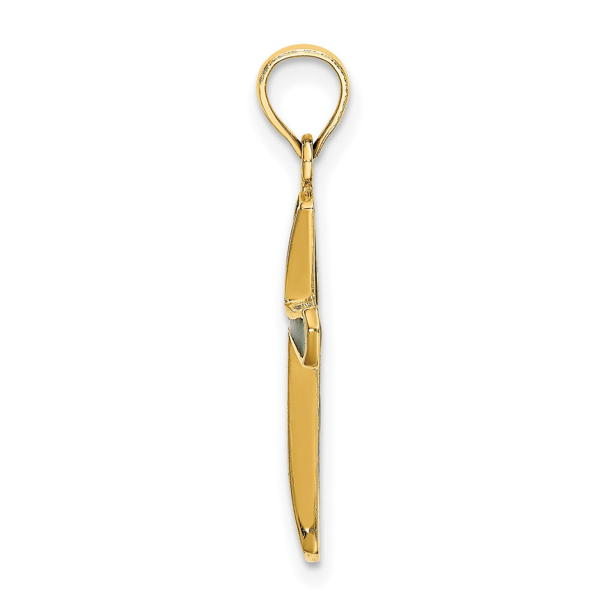 14k Yellow Gold Cross Pendant with Green Enamel, Modern Tapered Religious Design