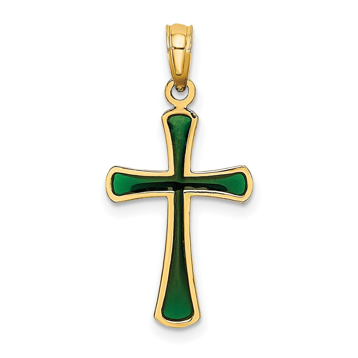 14k Yellow Gold Cross Pendant with Green Enamel, Modern Tapered Religious Design