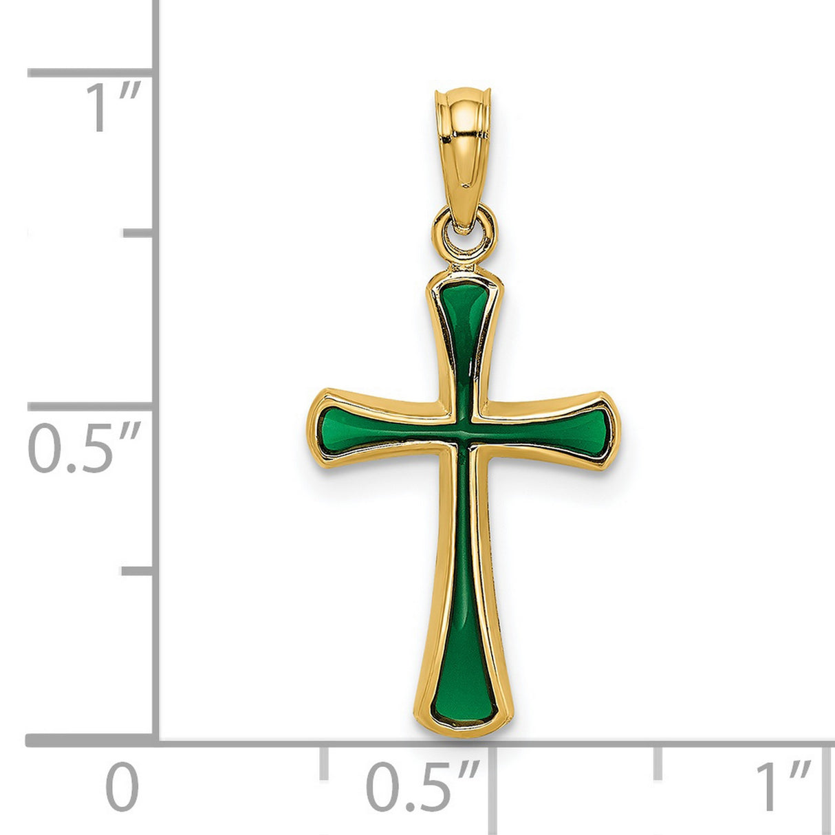 14k Yellow Gold Cross Pendant with Green Enamel, Modern Tapered Religious Design