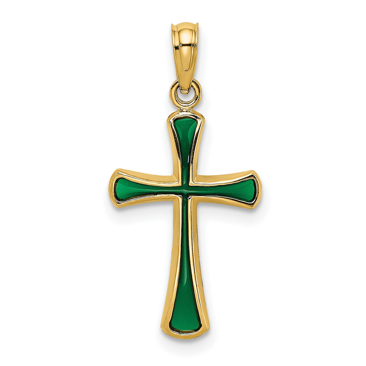 14k Yellow Gold Cross Pendant with Green Enamel, Modern Tapered Religious Design