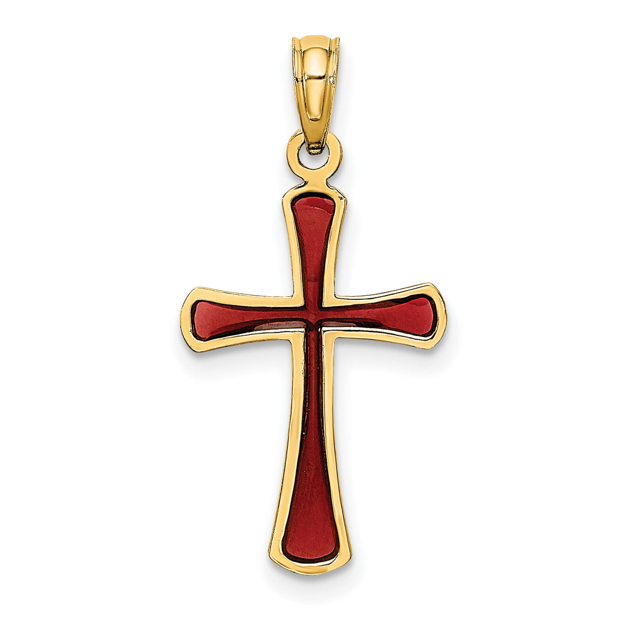 14k Yellow Gold Cross Pendant with Red Enamel and Tapered Arms , Religious Design for Men and Women
